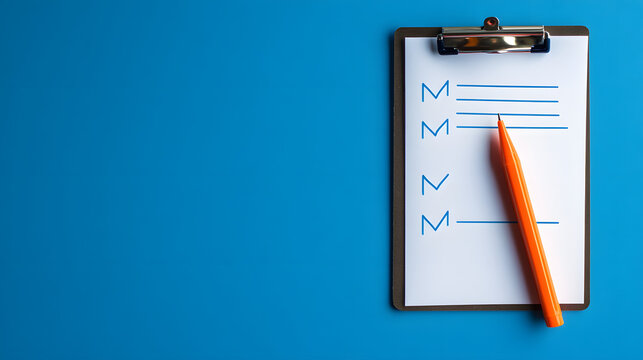 Blank checklist on clipboard with orange pen on blue