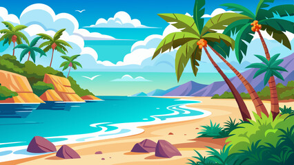 Fototapeta premium Tropical Beach Landscape with Palm Trees and Ocean View Illustration