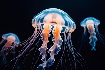 Obraz premium A single jellyfish glowing softly against a deep dark background