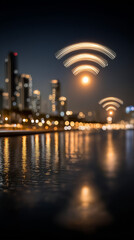 Cityscape Wifi:  Capturing the essence of the modern city, where the glowing signals of a wireless network cascade over the shimmering water.