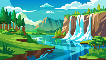 Scenic Waterfalls and Tropical Nature Landscape Illustration