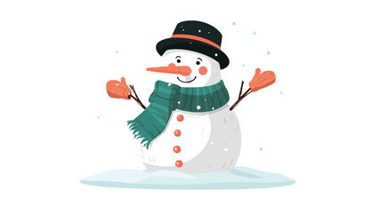 A digital illustration of a cartoon snowman against a white background. The snowman is depicted with a round body, black top hat with an orange band, teal scarf, orange carrot nose