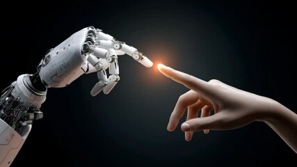 Robotic hand extends to touch human finger, symbolizing connection between technology and humanity, set against a dark background