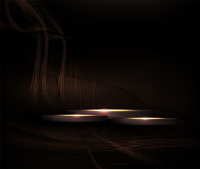 Illustration with a round podium with wavy ribbons in golden shades.