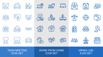 Business Meeting, Remote Work, and Recruitment Icon Set – Team Collaboration and Job Hiring Vector Pack
