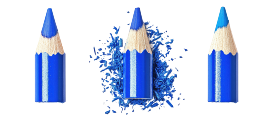 Three blue colored pencils with shavings, showcasing art supplies for creative projects.