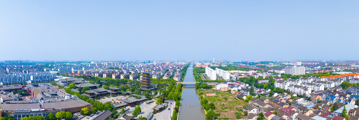 Aerial view of ancient tower in Luodian Ancient Town, Baoshan district, Shanghai