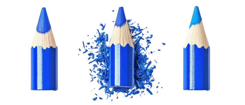 Three blue colored pencils with shavings, showcasing art supplies for creative projects.
