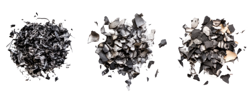 The image displays three distinct piles of materials, likely representing different types of shavings or scraps.
