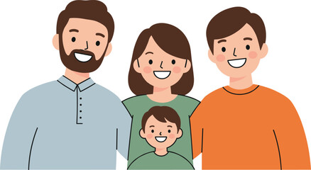 Smiling cartoon family illustration with father, mother, two sons, cheerful portrait concept, happy together, parenting love, lifestyle bonding image flat vector illustration