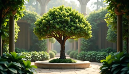 Garden with a trimmed tree at the center of a courtyard in summer