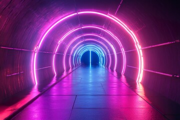 Sci-fi inspired tunnel with glowing neon pink and blue lights in a symmetrical, reflective environment. Modern vaporwave aesthetic, ideal as a futuristic digital background or concept art.