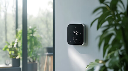 Smart thermostat mounted on a wall near a window with indoor plants
