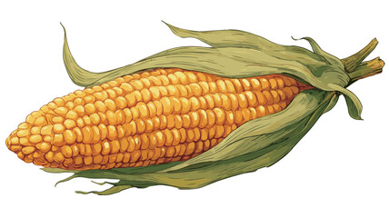 A detailed illustration of a single ear of corn on the cob, partially shucked to reveal the yellow kernels. The corn is depicted realistically with visible detail in the kernels, husk, and silk.