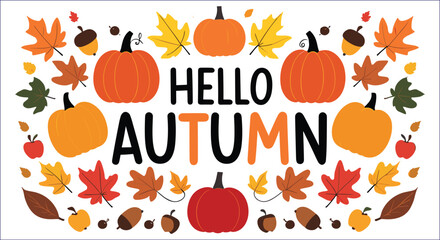 Hello Autumn Composition With Pumpkins Leaves Apples And Acorns Design Concept