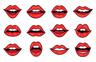 Set of red lips. Vector illustration of female lips expressing different emotions. Isolated on white background.
