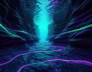 A deep underwater canyon shimmering with soft pulses of light along its walls.