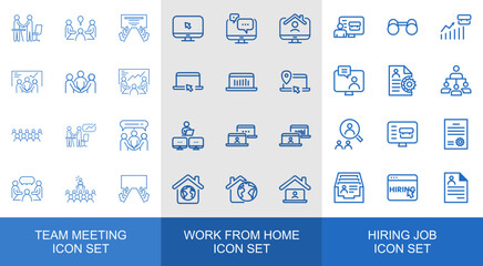 Business Meeting, Remote Work, and Recruitment Icon Set – Team Collaboration and Job Hiring Vector Pack