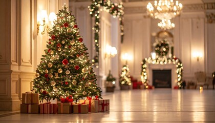 An elegant ballroom sparkles with Christmas cheer, featu a beautifully decorated tree surrounded by presents in a warm and inviting festive setting of joy.