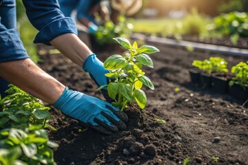 Hands planting basil seedlings in garden soil rows at sunset for organic herb cultivation