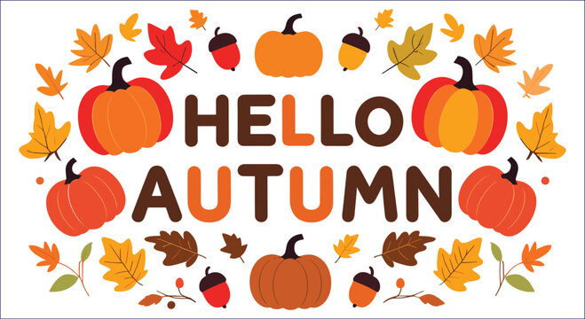 Hello Autumn With Pumpkins Leaves And Acorns Cute Illustration Design