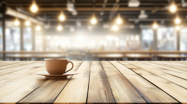 Minimalist wooden desk with coffee cup, a serene workspace for focused productivity 