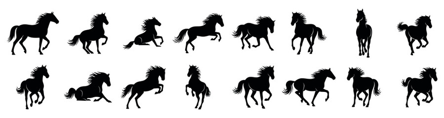 set of silhouettes of horse. horses running. isolated on transwhite parent background