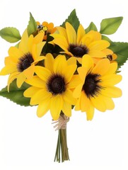 Fototapeta premium Bright and Cheerful Sunflower Bouquet with Green Leaves and Small Insects for Floral Arrangements and Home Decor