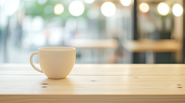 Minimalist wooden desk with coffee cup, a serene workspace for focused productivity 