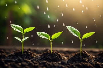 Three delicate green seedlings emerging from rich soil under gentle rain symbolizing new beginnings