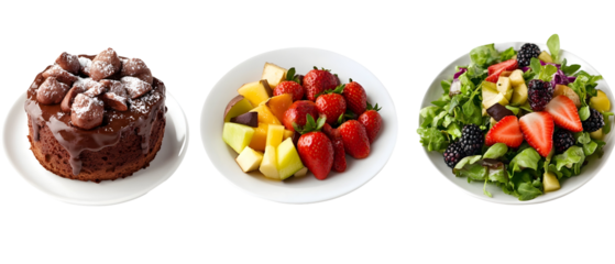 A delightful trio of food items featuring a chocolate dessert, a fresh fruit assortment, and a vibrant salad, showcasing a variety of flavors and healthy options.