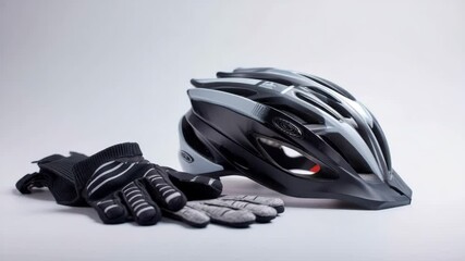 Bicycle helmet and gloves displayed on a smooth surface, emphasizing safety and protection for cycling activities and outdoor adventures