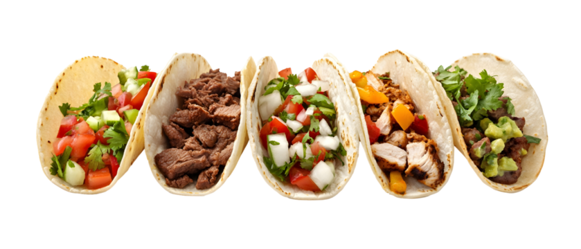 A colorful arrangement of five tacos filled with various ingredients like meat, vegetables, and herbs, showcasing a delicious Mexican cuisine option.