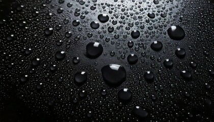 Seamless background showing a closeup of shimmering water droplets on a black metal surface, beautifully illuminated from the top-left, creating depth, texture, and a refined, modern aesthetic for var