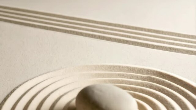 Zen garden with smooth stone placed in raked sand forming concentric circles and parallel lines creating calmness.