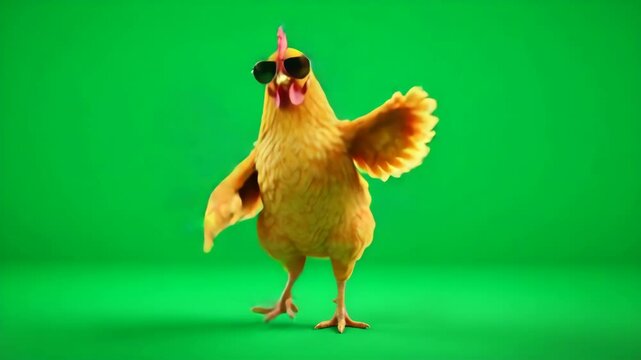 Cool Chicken Dancing on Green Screen - A yellow cartoon chicken wearing sunglasses dances and spreads its wings against a bright green screen background.