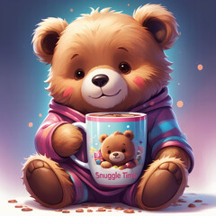 A cute, fluffy brown teddy bear in a pink and blue striped pajama hoodie, holding a mug with a smaller teddy bear and "Snuggle Time" text, surrounded by chocolate sprinkles.
