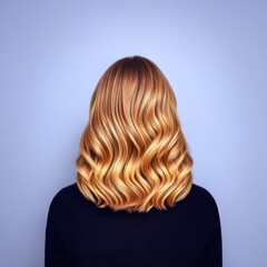 Fototapeta premium Woman with Long Wavy Blonde Hair in Dark Clothing Against a Blue Background