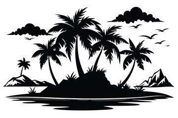 Tropical Island Silhouette with Palm Trees, Mountains, Clouds, and Birds Flying Above