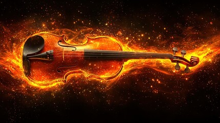 Naklejka premium Fiery violin with bright glowing edges on black