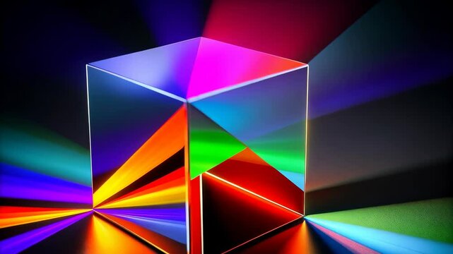 Spectroscopic cube dispersing bright light into rainbow rays in a studio setting