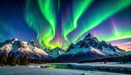 The majestic Northern Lights dance vibrantly above snow capped mountains and a serene river in a breathtaking winter landscape beneath a starry sky tonight.