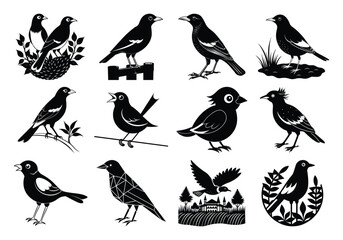 Stylized Shalik Bird Silhouettes Collection – Vector Set

