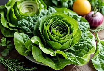 Lush, vibrant green lettuce leaves form a beautiful, natural texture, perfect for healthy eating visuals.