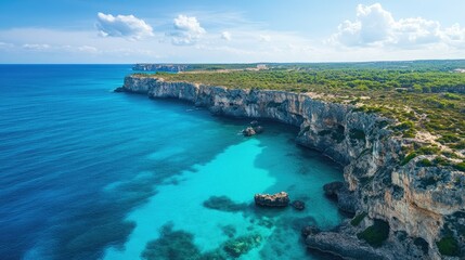 Fototapeta premium Turquoise coastal cliffs meet the azure sea.