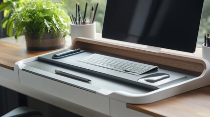 Modern workspace setup featuring sleek design and integrated technology features