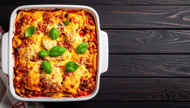 Delicious freshly baked lasagna topped with vibrant basil leaves presented in a white baking dish, placed on a dark wood background with ample copy space.