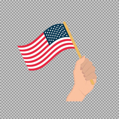 Hand holding USA flag in flat style on transparent background, perfect for patriotic themes.