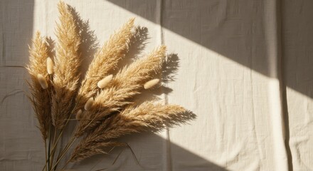 Flat Lay of Pampas Grass Bouquet on Fabric with Light Play