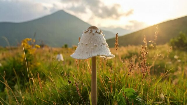 Parasol mushroom standing tall in a grassy field, mountains visible in the background with the setting sun creating a golden hue.